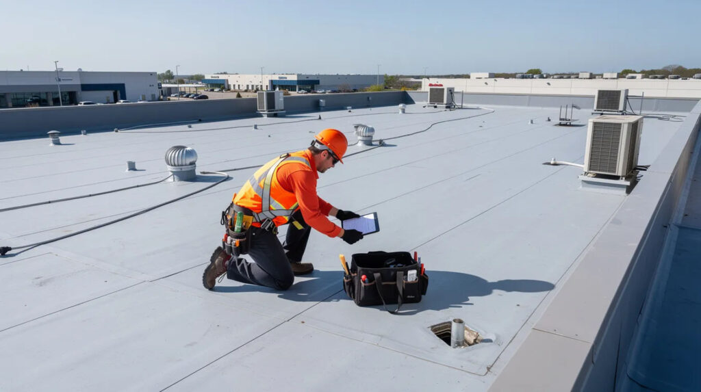 A commercial roofing contractor in safety gear checks a clipboard while inspecting a gray single-ply membrane flat roof near a roof drain and vent