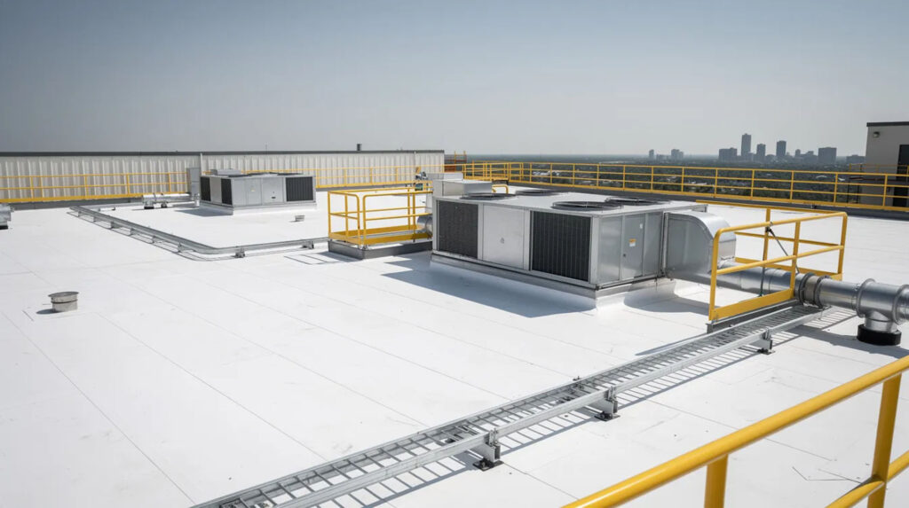 A wide view of a clean, white commercial flat roof featuring a TPO membrane installation, yellow safety guardrails, and rooftop HVAC units