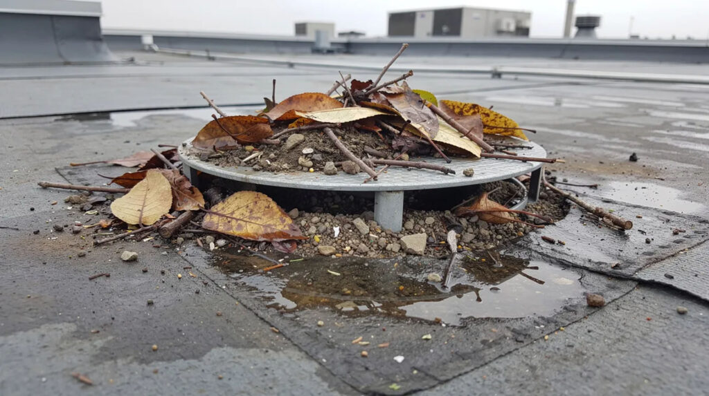 Close-up of a commercial flat roof drain completely clogged with dirt, leaves, and twigs, causing standing water on the membrane surface