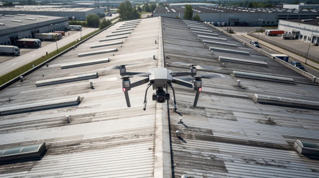 A quadcopter drone hovers over a large industrial metal warehouse roof during a commercial drone roof inspection