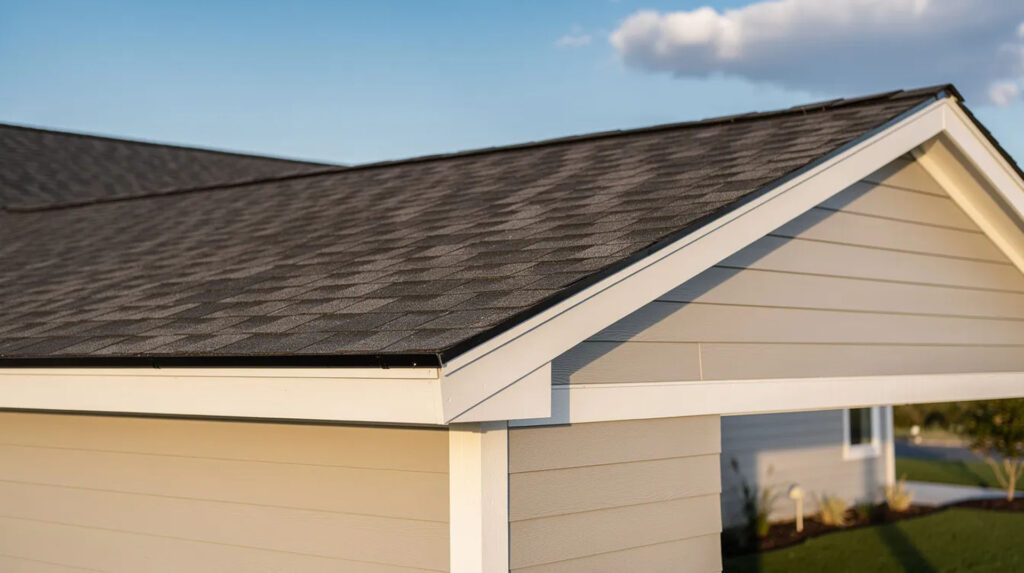 What Is a Ridge Vent on a Roof? (Homeowner’s Guide to Attic Ventilation) 2 Close-up of a residential asphalt shingle roof featuring a low-profile ridge vent installed along the roof peak for attic ventilation