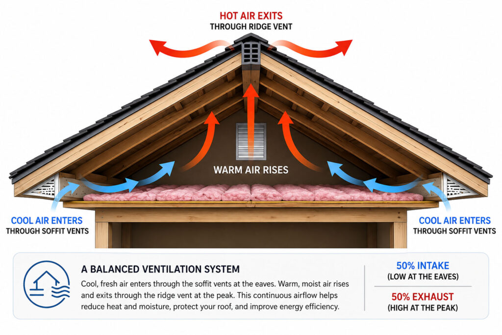 What Is a Ridge Vent on a Roof? (Homeowner’s Guide to Attic Ventilation) 1 Diagram showing how a ridge vent and soffit vents work together to create balanced attic ventilation by drawing cool air in through the eaves and exhausting warm air through the roof peak