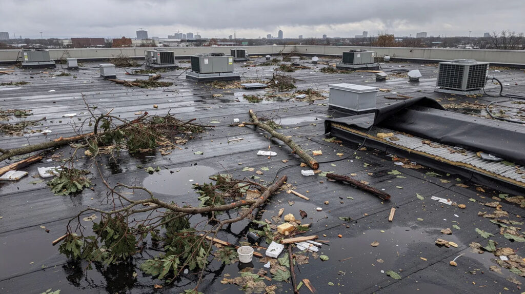 Scattered tree branches, limbs, and debris littering a wet commercial flat roof with multiple HVAC units after a severe storm