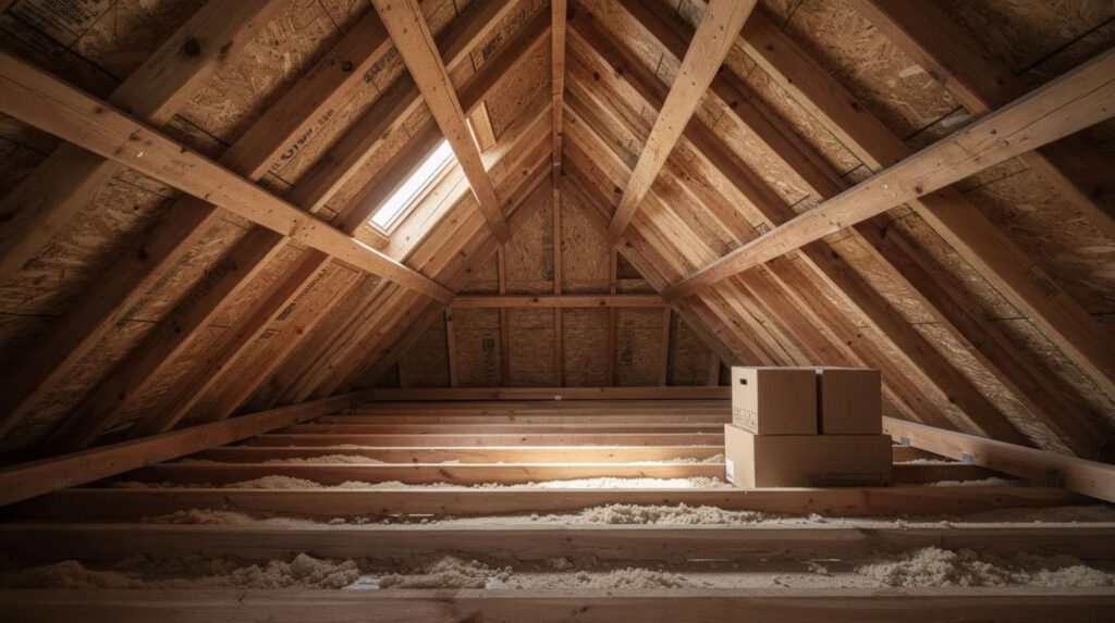 What Is a Ridge Vent on a Roof? (Homeowner’s Guide to Attic Ventilation) 3 Interior view of an unfinished residential attic showing exposed wooden roof rafters, floor joists with blown-in insulation, cardboard boxes, and a small skylight window